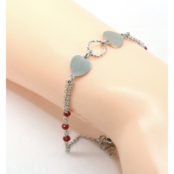 RMB|Bracelet man woman Silver 925 red crystal with double satin heart and diamond circle 18.00 - 20.50 cm