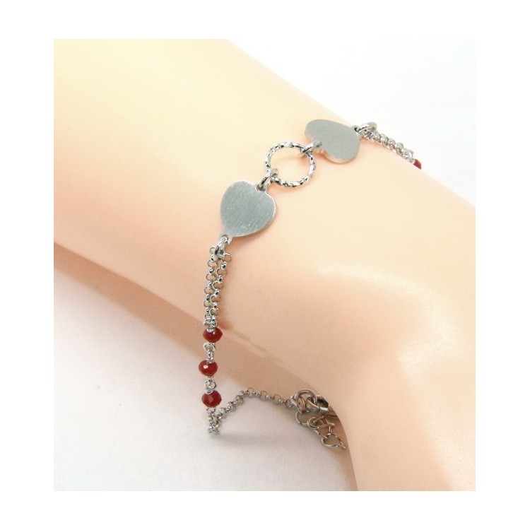 RMB|Bracelet man woman Silver 925 red crystal with double satin heart and diamond circle 18.00 - 20.50 cm