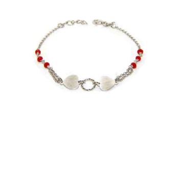 RMB|Bracelet man woman Silver 925 red crystal with double satin heart and diamond circle 18.00 - 20.50 cm