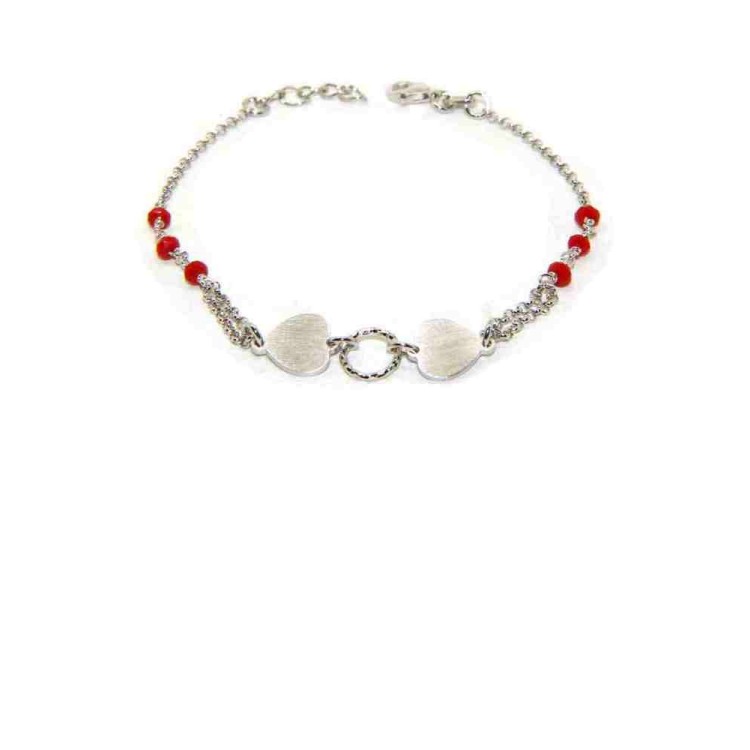 RMB|Bracciale argento 925 cuore doppio satinato cristallo rosso e cerchio diamantato 18,00 - 20,50 cm