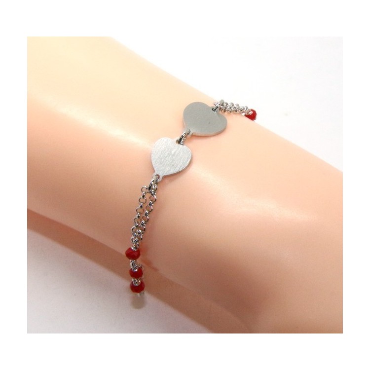 RMB|Bracelet man woman Silver 925 red crystal with double satin heart and diamond circle 18.00 - 20.50 cm