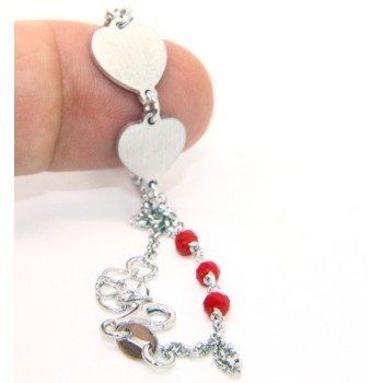 RMB|Bracelet man woman Silver 925 red crystal with double satin heart and diamond circle 18.00 - 20.50 cm