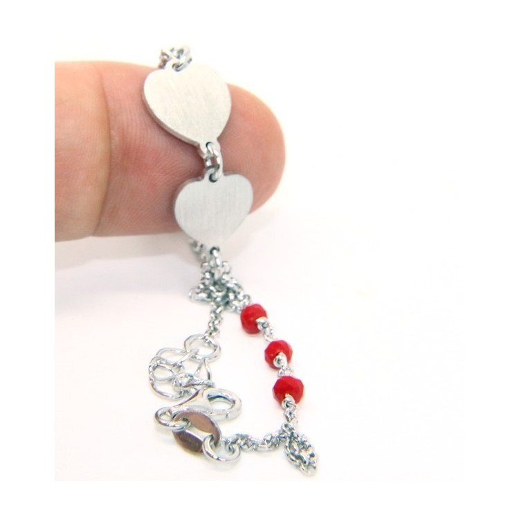 RMB|Bracciale uomo donna Argento 925 cristallo rosso con doppio cuore satinato e cerchio diamantato 18,00 - 20,50 cm