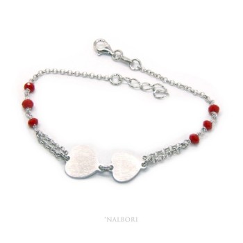 RMB|Bracciale uomo donna Argento 925 cristallo rosso con doppio cuore satinato e cerchio diamantato 18,00 - 20,50 cm
