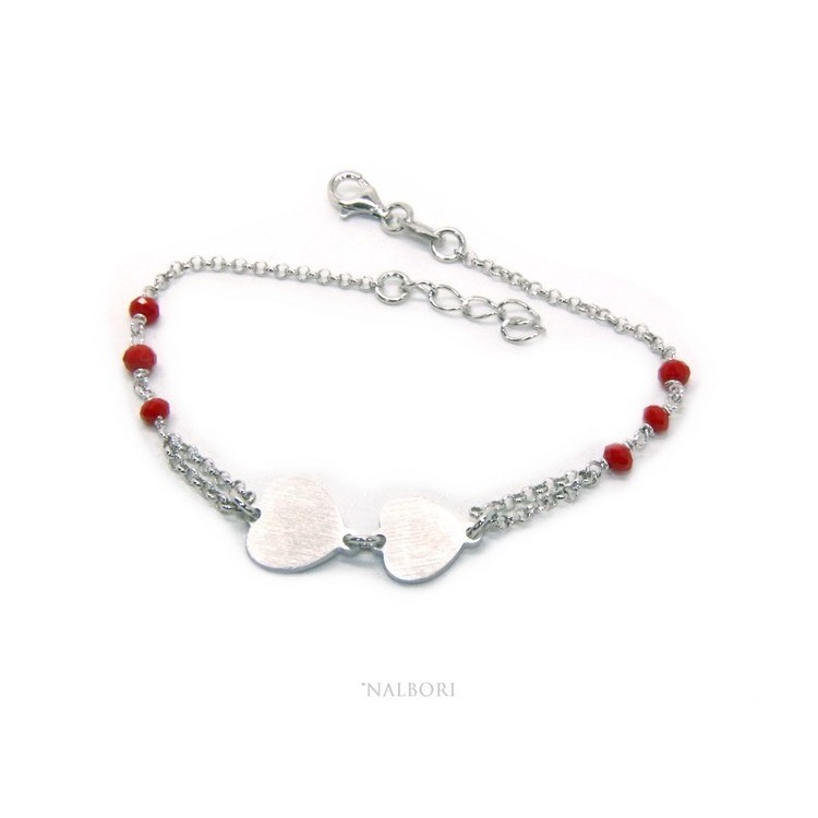 RMB|Bracciale uomo donna Argento 925 cristallo rosso con doppio cuore satinato e cerchio diamantato 18,00 - 20,50 cm