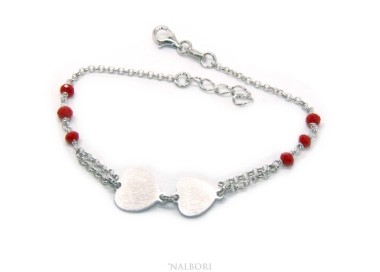 RMB|Bracelet man woman Silver 925 red crystal with double satin heart and diamond circle 18.00 - 20.50 cm