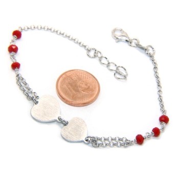 RMB|Bracciale uomo donna Argento 925 cristallo rosso con doppio cuore satinato e cerchio diamantato 18,00 - 20,50 cm