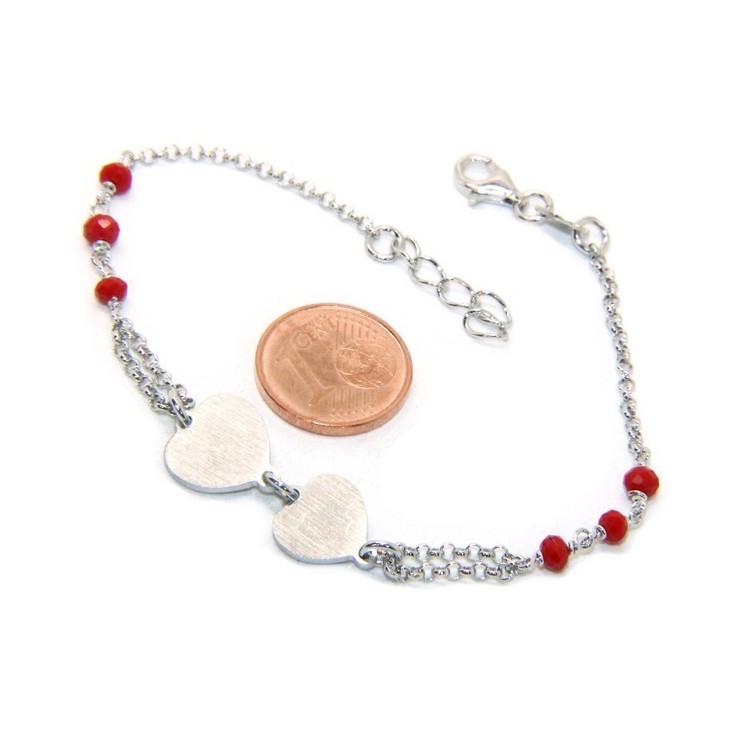 RMB|Bracciale uomo donna Argento 925 cristallo rosso con doppio cuore satinato e cerchio diamantato 18,00 - 20,50 cm