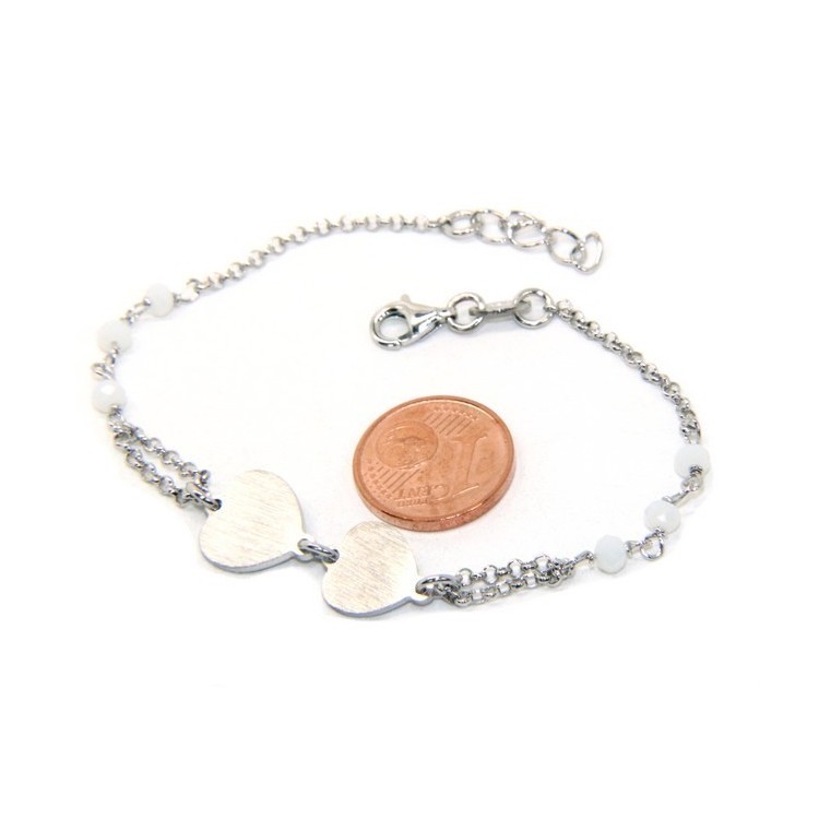 RMB|Bracciale uomo donna Argento 925 lavorazione a rosario cristallo rosso con doppio cuore satinato 16,50 - 19,50 cm