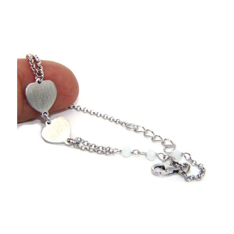 RMB|Bracciale uomo donna Argento 925 lavorazione a rosario cristallo rosso con doppio cuore satinato 16,50 - 19,50 cm