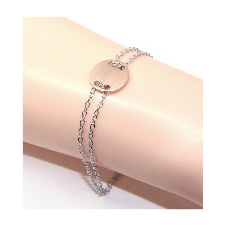 RMB|647/5000 Bracelet man woman 925 Sterling Silver with central button rosa satin 17,00 - 20.00 cm
