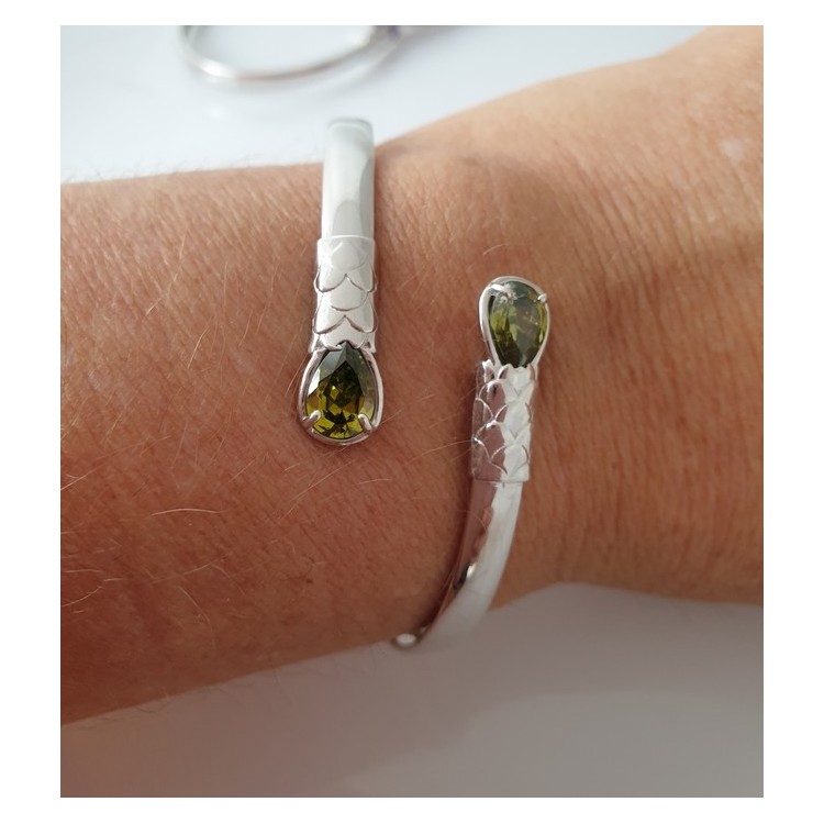 RMB|ARGENTO 925 : Bracciale donna schiava aperto contrarie' zircone verde  goccia 2 griffe