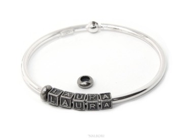 RMB|ARGENTO 925 : Bracciale donna uomo CHARME chiusura brevettata ovale - Nalbori componibili - con 2 STOP 5 lettere LAURA