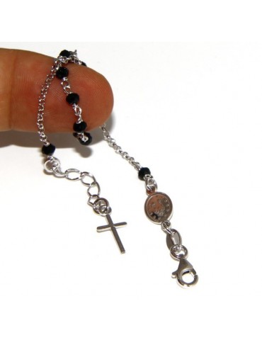 Bracciale rosario uomo donna in Argento 925 madonna miracolosa , croce e perle cristallo nero 17,00 - 20,00 cm