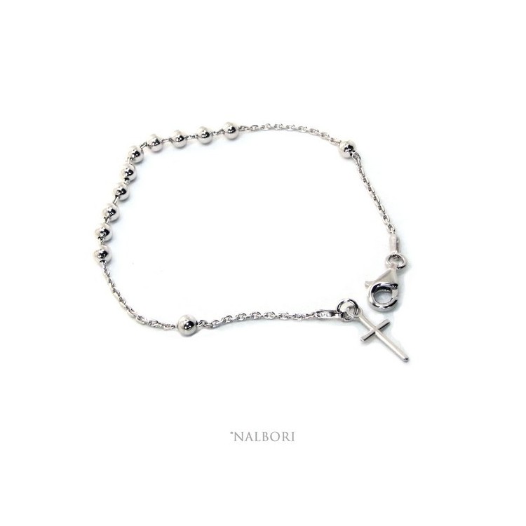 RMB|Rosary bracelet for men and women in 925 sterling silver cross smooth balls 4 mm various lengths Rhodium