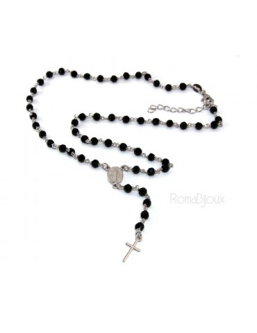 Rosary necklace man 925 With black crystal 4 mm cross and miraculous Madonna 44 + 5