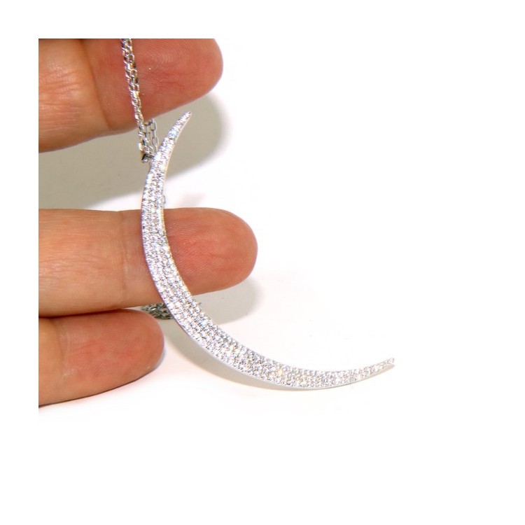 RMB|Collana Collier donna ARGENTO 925 con pendente grande mezza luna pavè zirconi bianchi