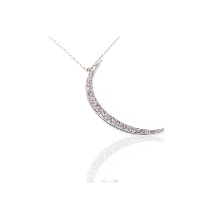 RMB|Collana Collier donna ARGENTO 925 con pendente grande mezza luna pavè zirconi bianchi