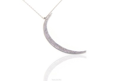 RMB|Collana Collier donna ARGENTO 925 con pendente grande mezza luna pavè zirconi bianchi