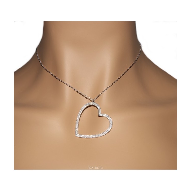 RMB|Collana Collier donna ARGENTO 925 con pendente grande cuore pavè zirconi bianchi