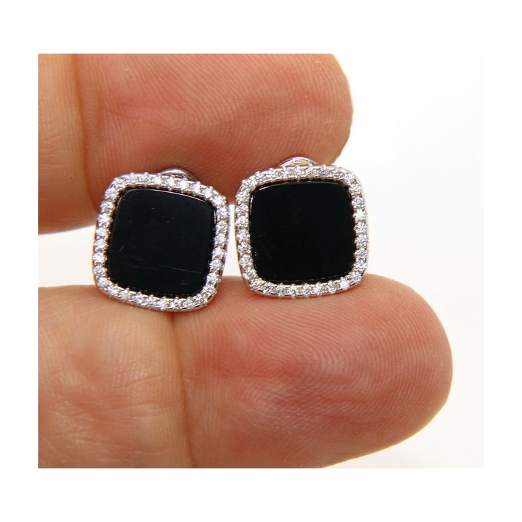 RMB|Silver 925: pair of earrings woman omega squares 12mm black onyx button round cubic zirconia