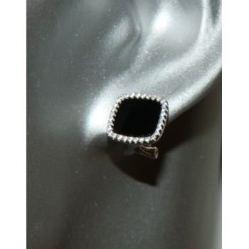 RMB|Silver 925: pair of earrings woman omega squares 12mm black onyx button round cubic zirconia