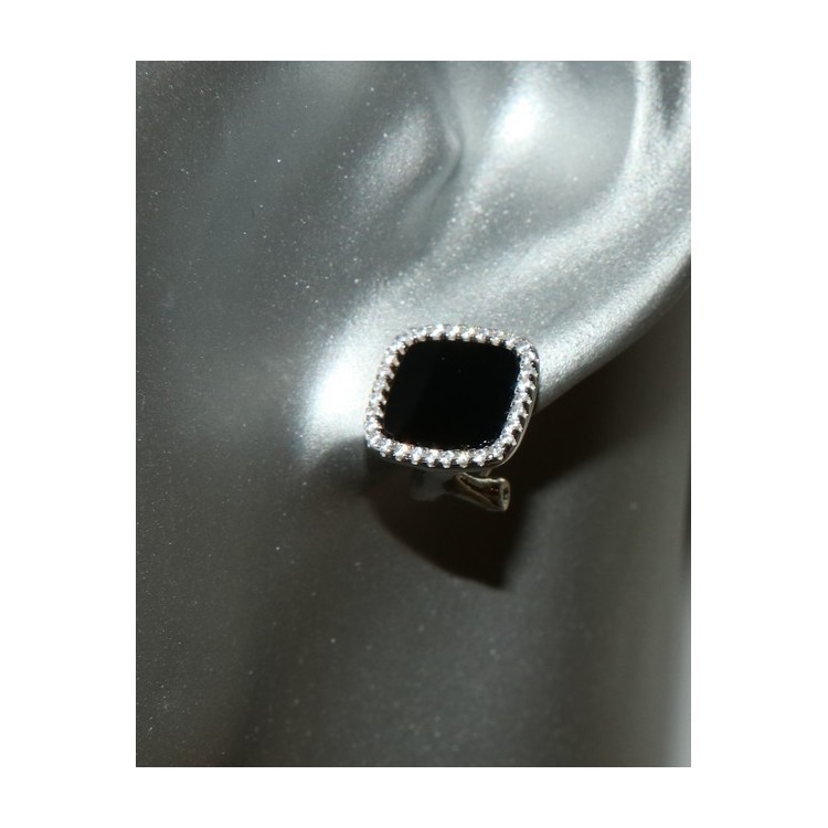 RMB|Silver 925: pair of earrings woman omega squares 12mm black onyx button round cubic zirconia