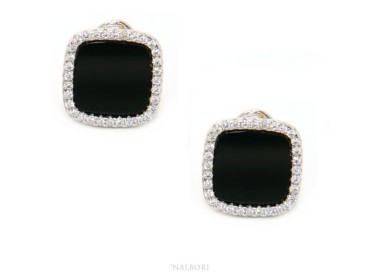 RMB|Silver 925: pair of earrings woman omega squares 12mm black onyx button round cubic zirconia