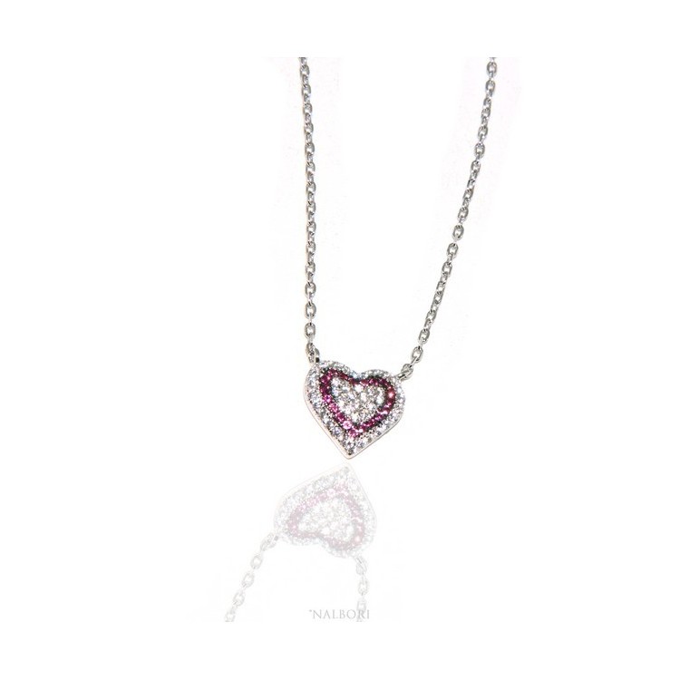 RMB|Collana Collier donna ARGENTO 925 con pendente cuore pavè micro pietre bianche e rosso rubin