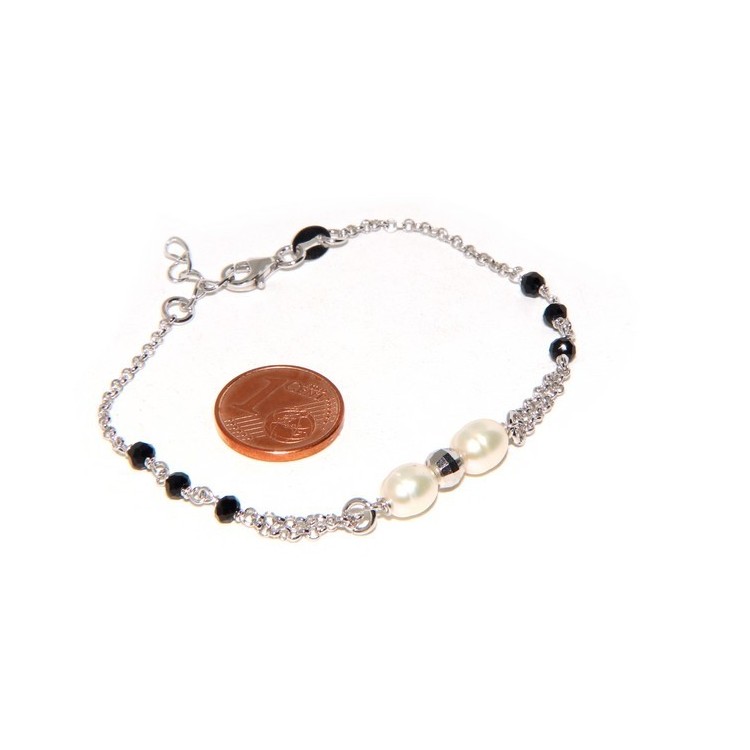 RMB|Bracciale lavorazione a rosario donna in Argento 925 perle coltivate e pallina diamantata 16-19 cm