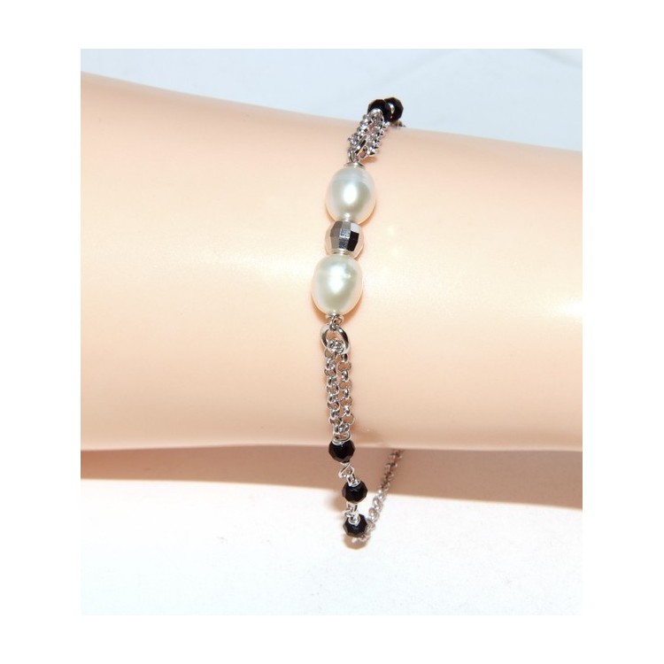 RMB|Rosary bracelet woman in Sterling Silver cultivated pearls and diamond ball 16-19 cm