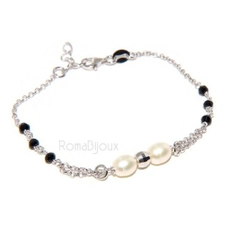 RMB|Bracciale lavorazione a rosario donna in Argento 925 perle coltivate e pallina diamantata 16-19 cm