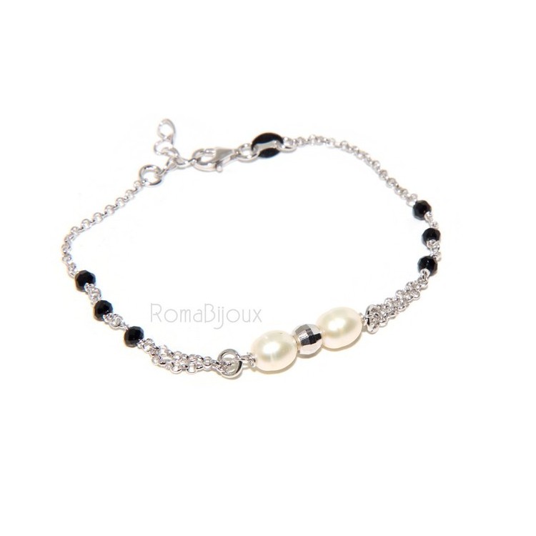 RMB|Rosary bracelet woman in Sterling Silver cultivated pearls and diamond ball 16-19 cm
