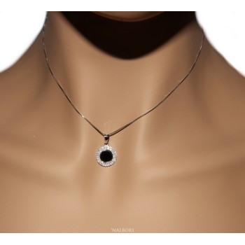 RMB|Argento 925 Collana Collier donna tondo pietra onice nero doppia cornice zirconi bianchi