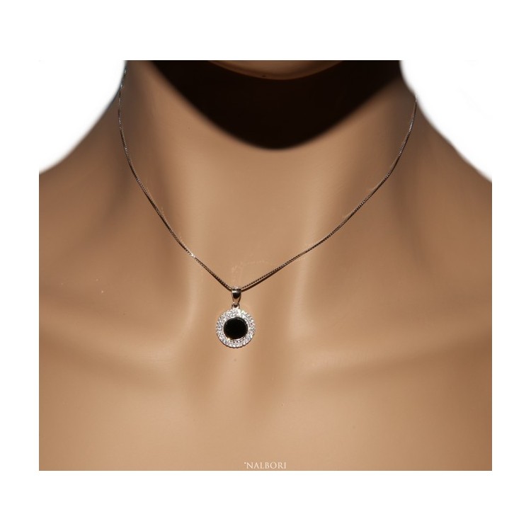 RMB|Silver 925 Necklace Collier woman round stone black onyx double frame white cubic zirconia