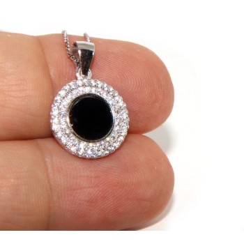 RMB|Silver 925 Necklace Collier woman round stone black onyx double frame white cubic zirconia
