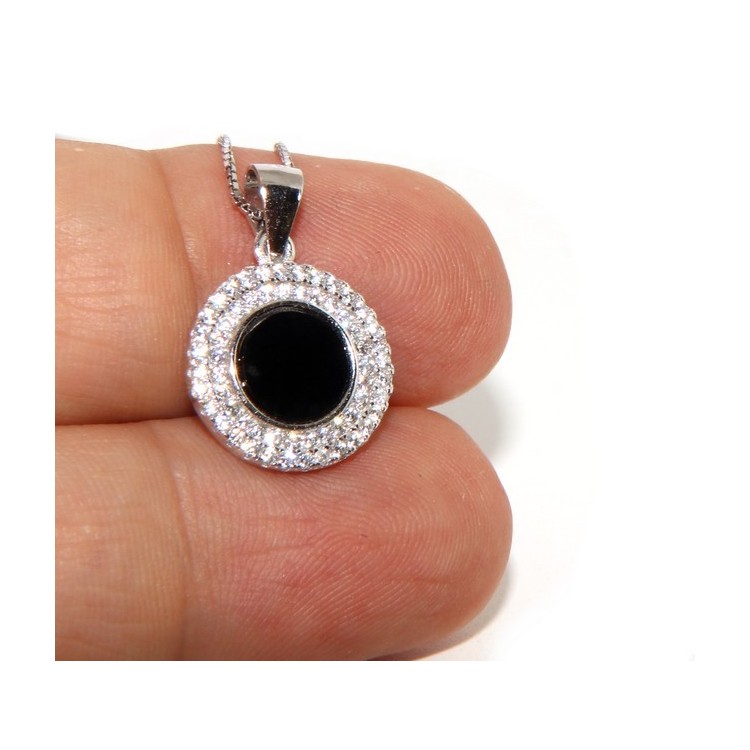 RMB|Silver 925 Necklace Collier woman round stone black onyx double frame white cubic zirconia