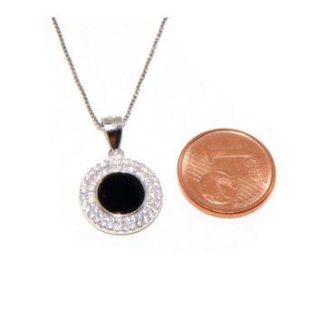 RMB|Argento 925 Collana Collier donna tondo pietra onice nero doppia cornice zirconi bianchi