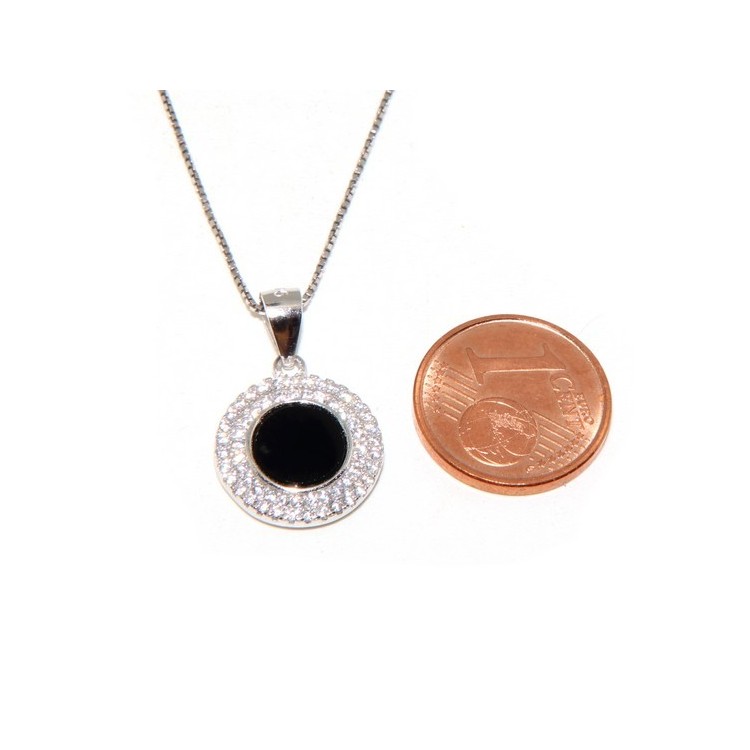 RMB|Silver 925 Necklace Collier woman round stone black onyx double frame white cubic zirconia