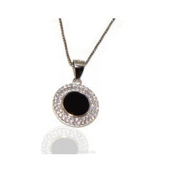 RMB|Silver 925 Necklace Collier woman round stone black onyx double frame white cubic zirconia