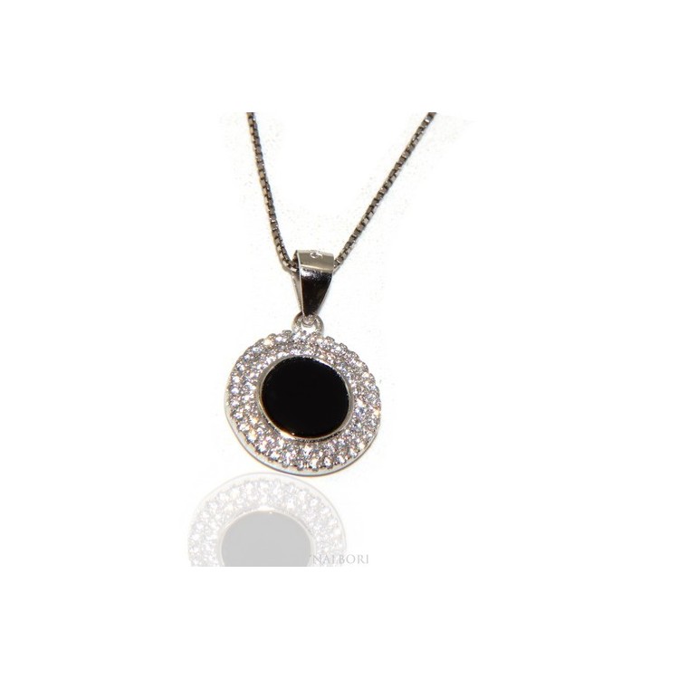 RMB|Argento 925 Collana Collier donna tondo pietra onice nero doppia cornice zirconi bianchi