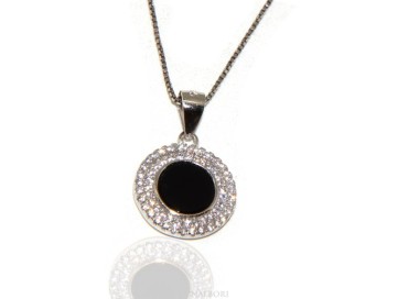 RMB|Argento 925 Collana Collier donna tondo pietra onice nero doppia cornice zirconi bianchi