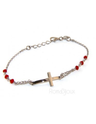 Bracciale rosario uomo donna in Argento 925 croce convessa e cristallo rosso . Mis 19,00