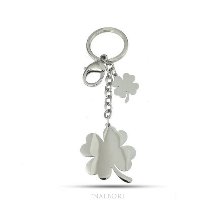 RMB|Key ring man or woman in steel hook and ring with four-leaf clover laser cut