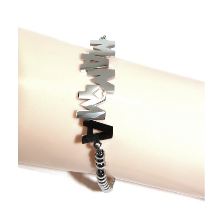 RMB|NALBORI bracciale donna acciaio anallergico palline con lastra MAMMA e cuore