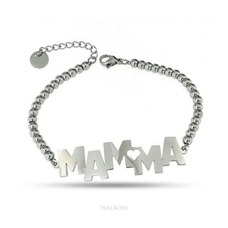 RMB|NALBORI bracciale donna acciaio anallergico palline con lastra MAMMA e cuore