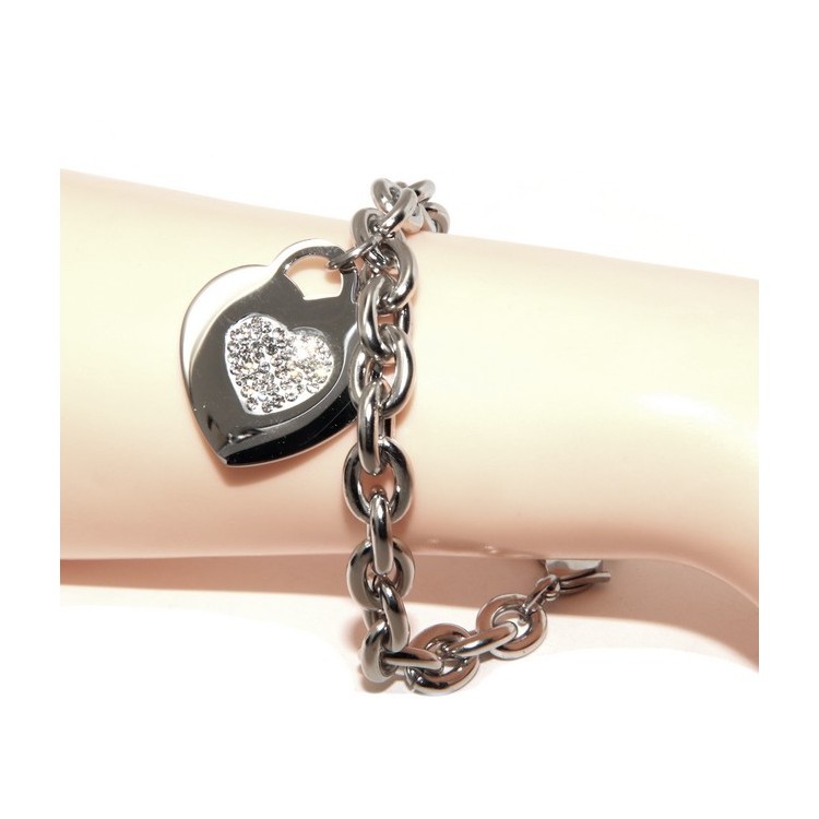 RMB|NALBORI bracciale donna acciaio anallergico catena con pendente cuore pave' zirconi