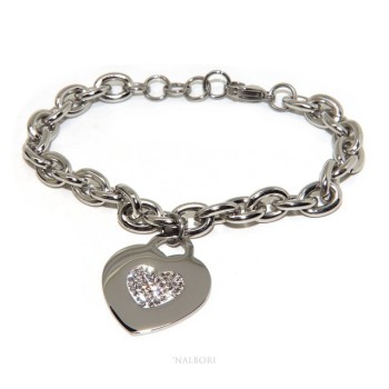 RMB|NALBORI bracciale donna acciaio anallergico catena con pendente cuore pave' zirconi