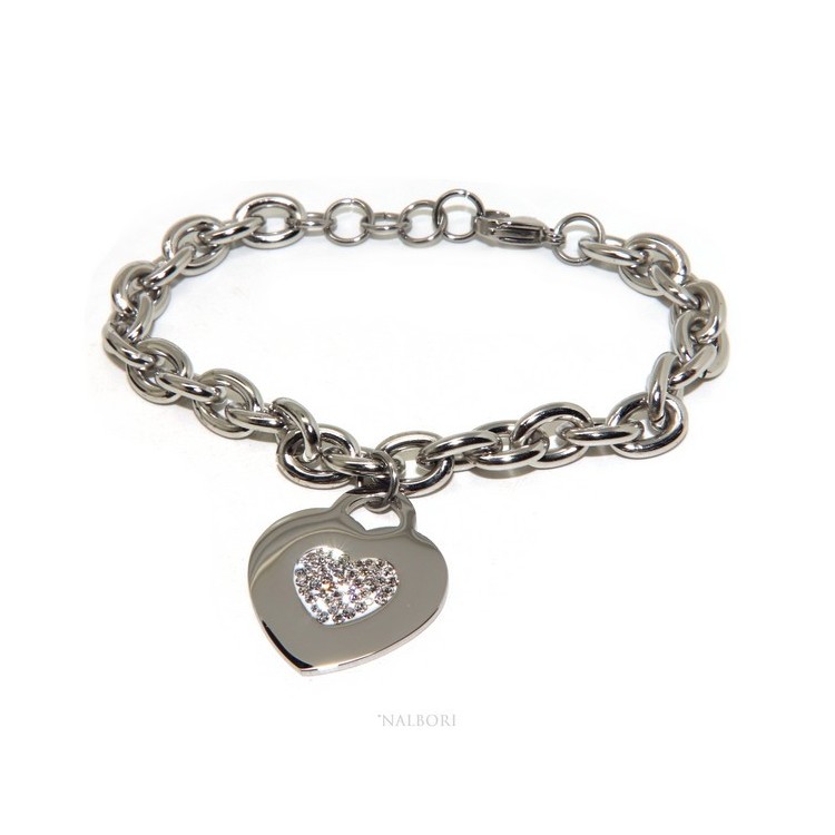 RMB|NALBORI bracciale donna acciaio anallergico catena con pendente cuore pave' zirconi