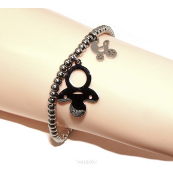 RMB|NALBORI bracciale acciaio anallergico palline con ciondolo carrozzina ciuccio